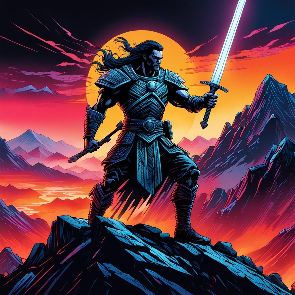 Warrior on Mountain Peak in Comic Book Style