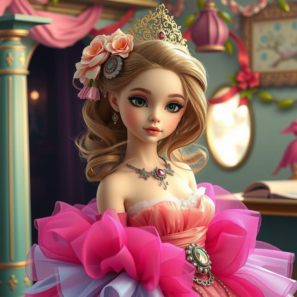Barbie-like Girl in Dreamlike Matte Painting