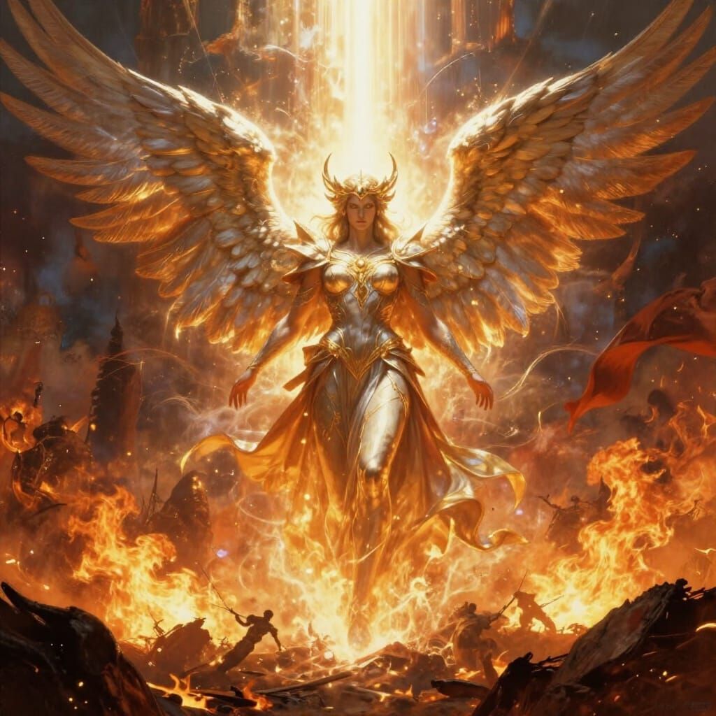 Valkyrie Amidst Fiery Battlefield in Celestial Light