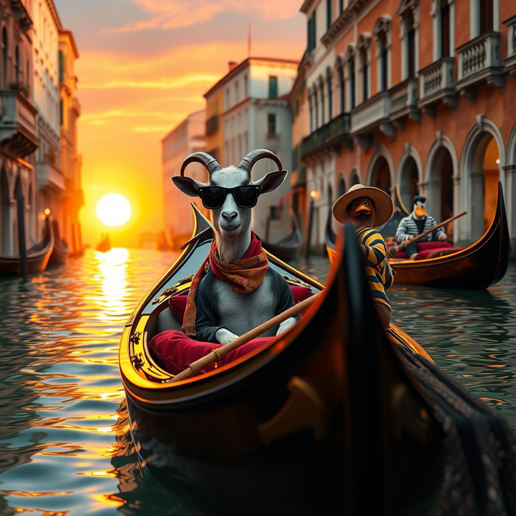 Goat in Venice Canal with Duck Gondolier