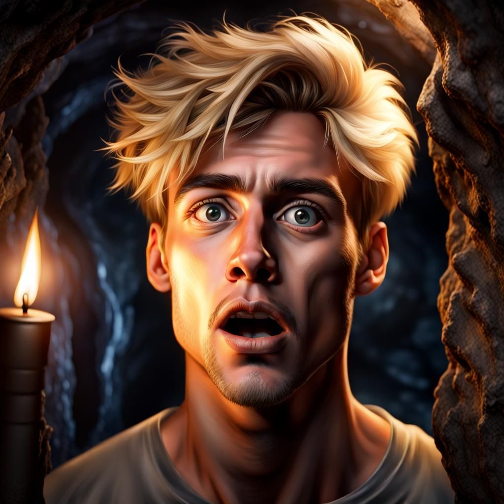 Surprised Blond Man in Subterranean Torchlight