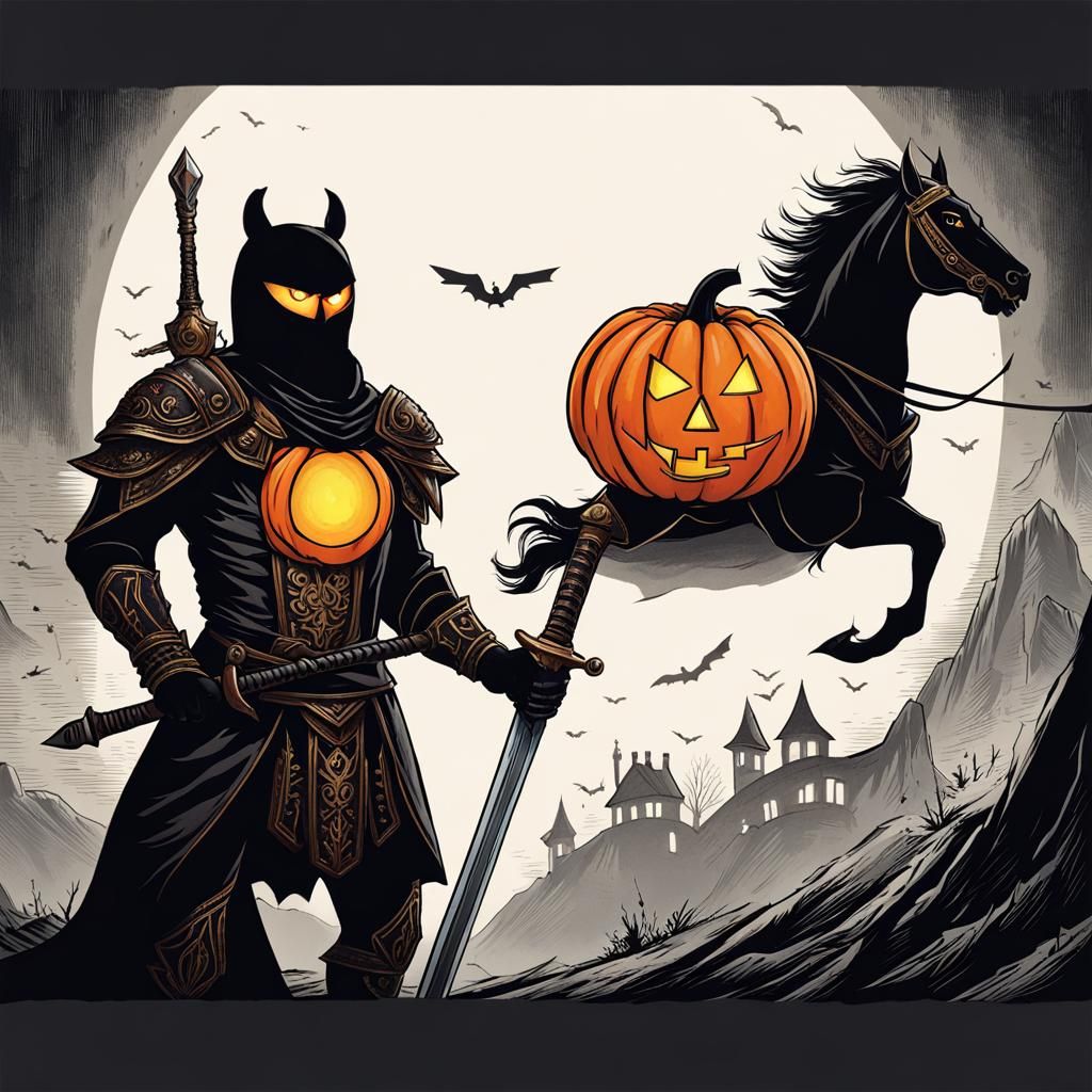 Pumpkin Head Horseman with Flaming Eyes