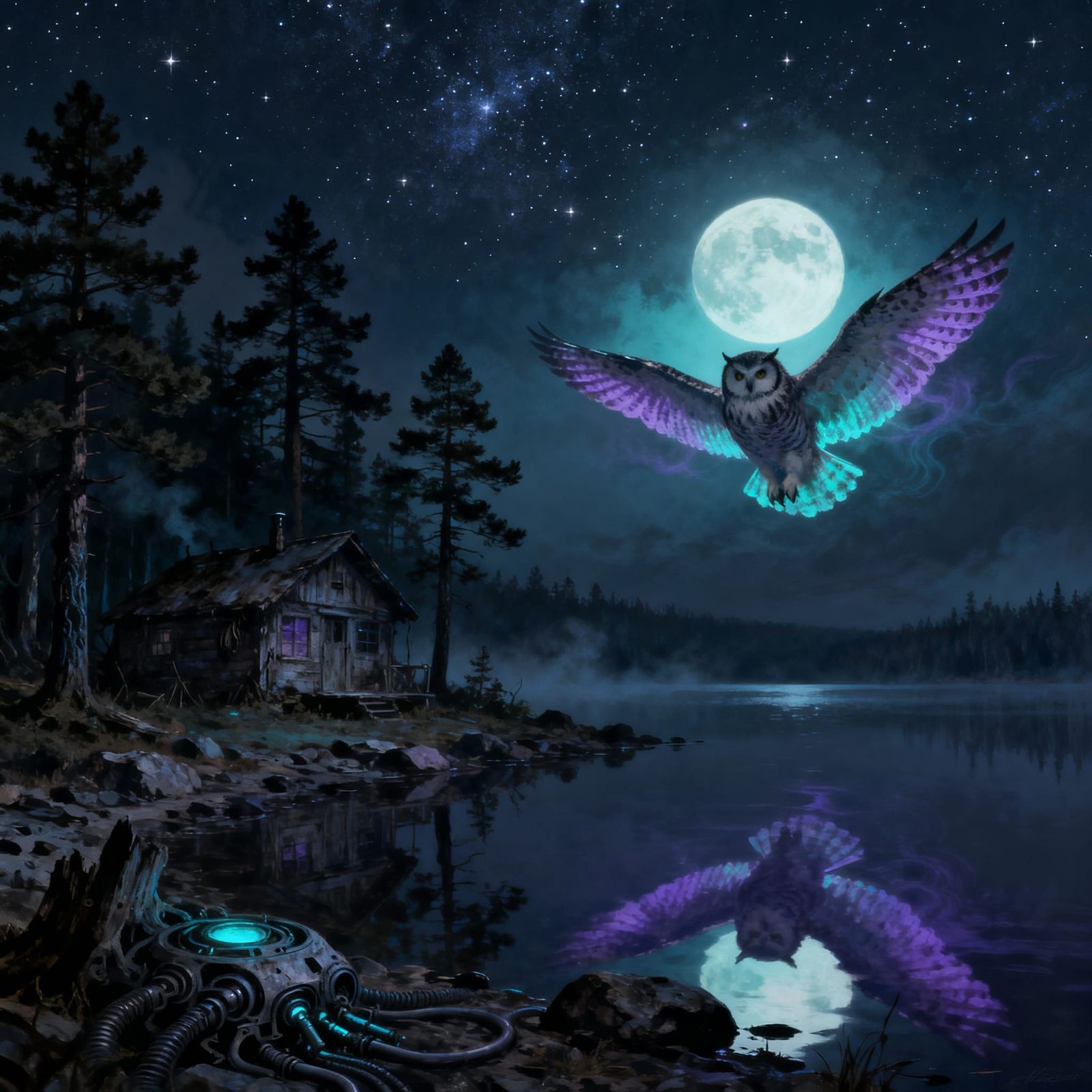 Majestic Owl Over Midnight Lake in Dark Fantasy Style