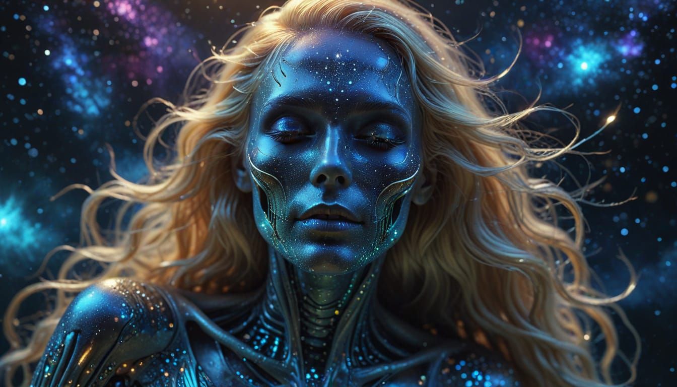 Skeleton Mermaid Swimming Through Cosmos in Digital Art