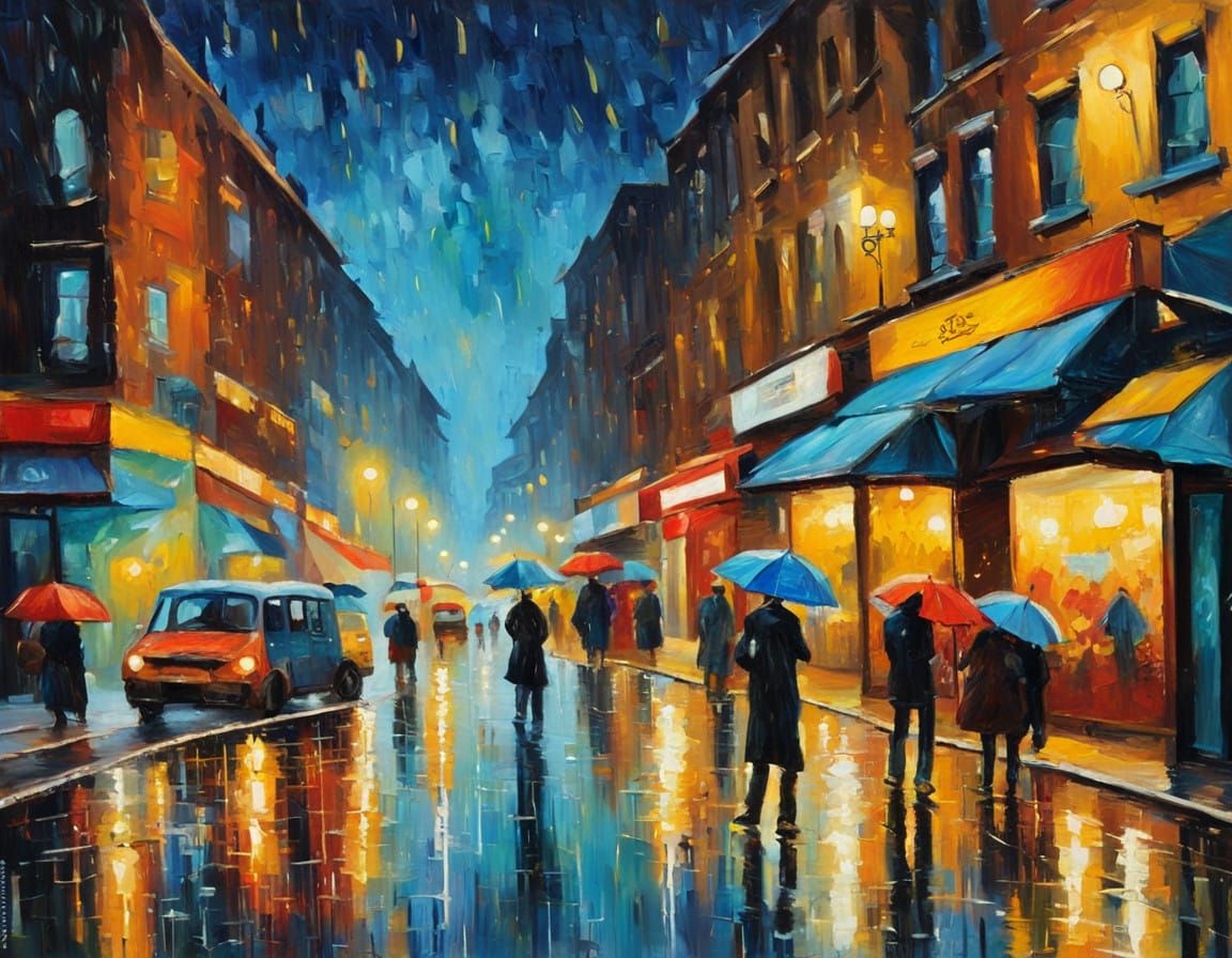 Vibrant Night Rain in City Streets, in Post-Expressionist St...