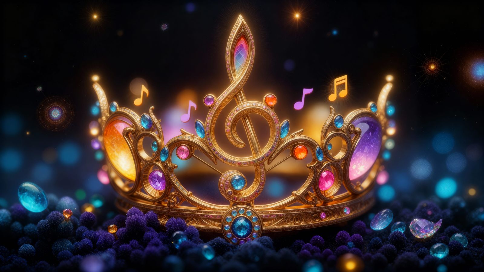 Hyperrealistic Golden Music Note Crown with Rainbow Gems