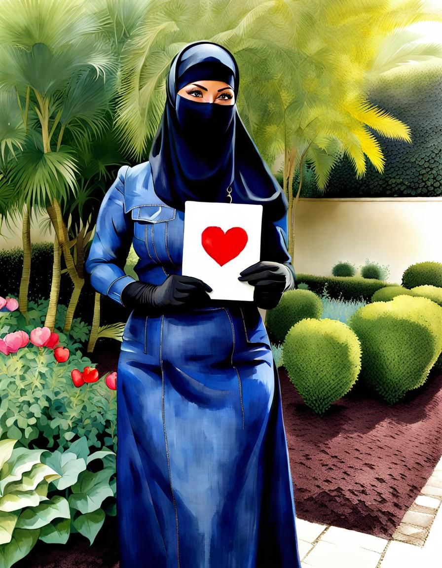 Niqabi Teacher Portrait in Garden, Watercolor Style