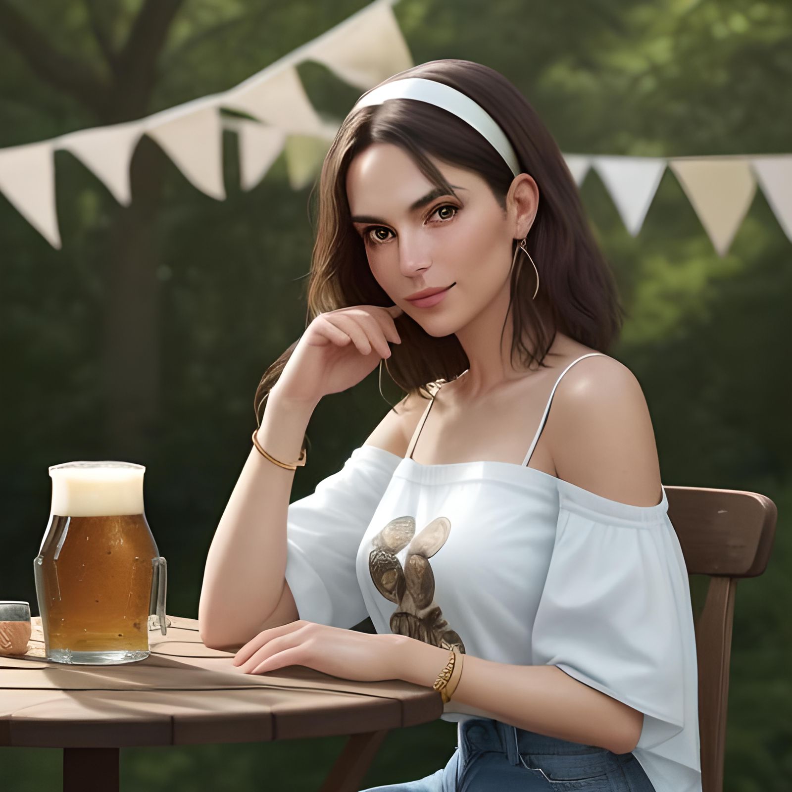 Woman Enjoying Beer in Lively Outdoor Setting