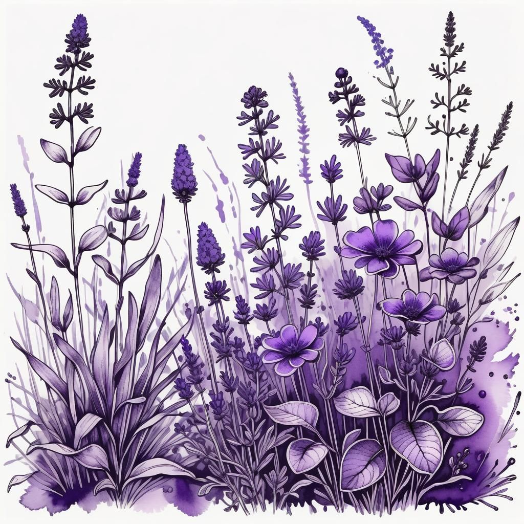 Purple Botanical Garden in Monochromatic Ink Drawing