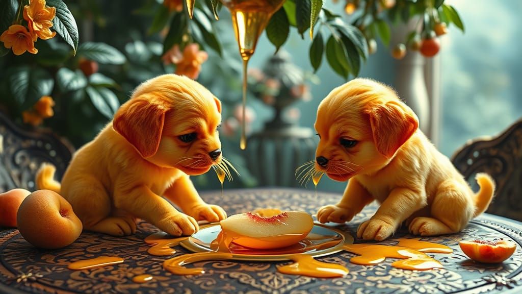 Puppies made of peaches are playing in Squid Game on the table.