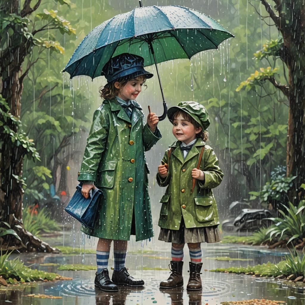 Girl and Crocodile in Rainy Pointillist Painting