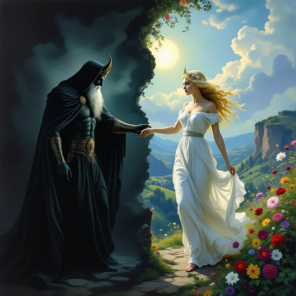 Hades Abducts Persephone in Dramatic Painting