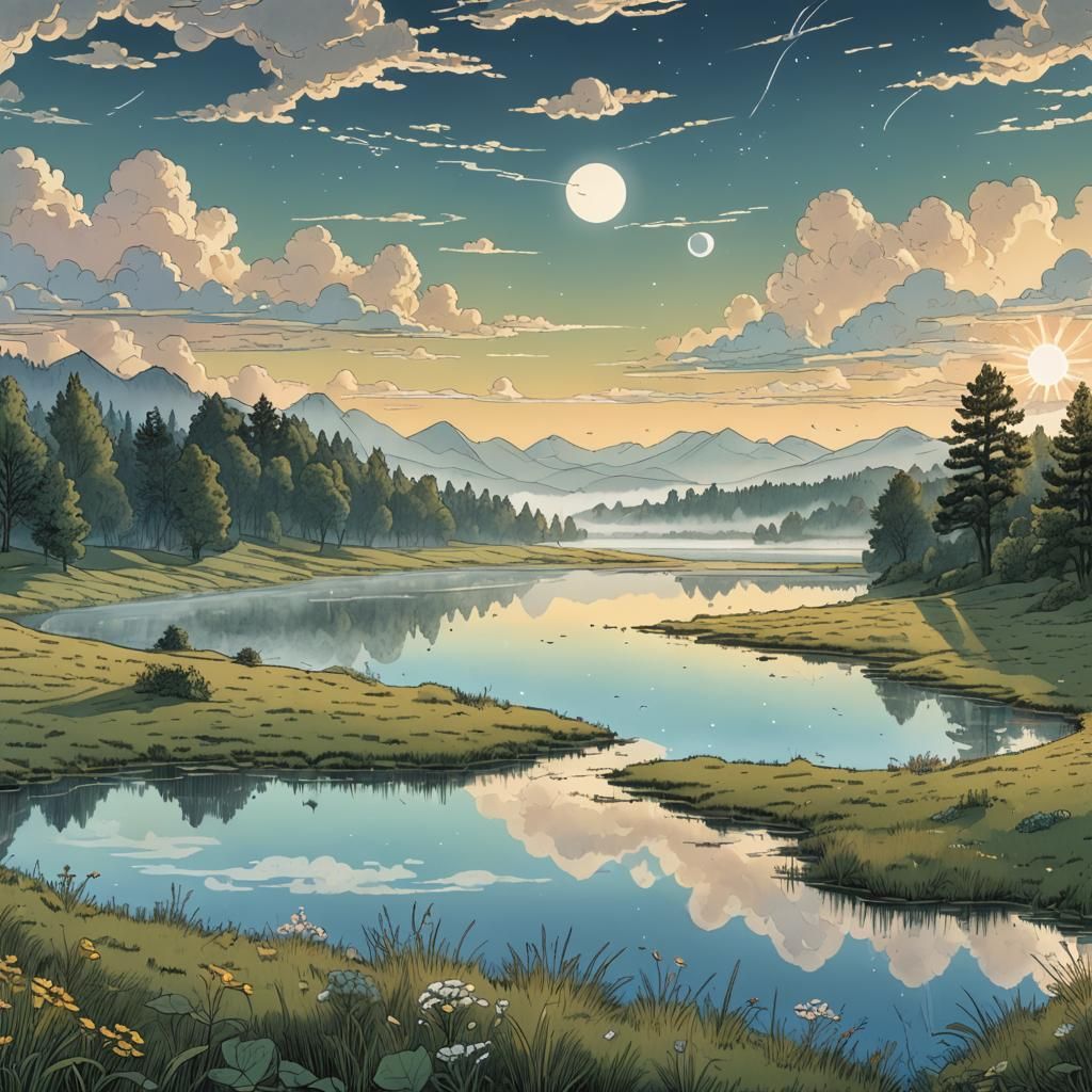 Misty Lake at Dawn: A Retro D&D Panoramic Illustration