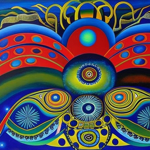 Colorful Surreal Folk Art Painting of a System