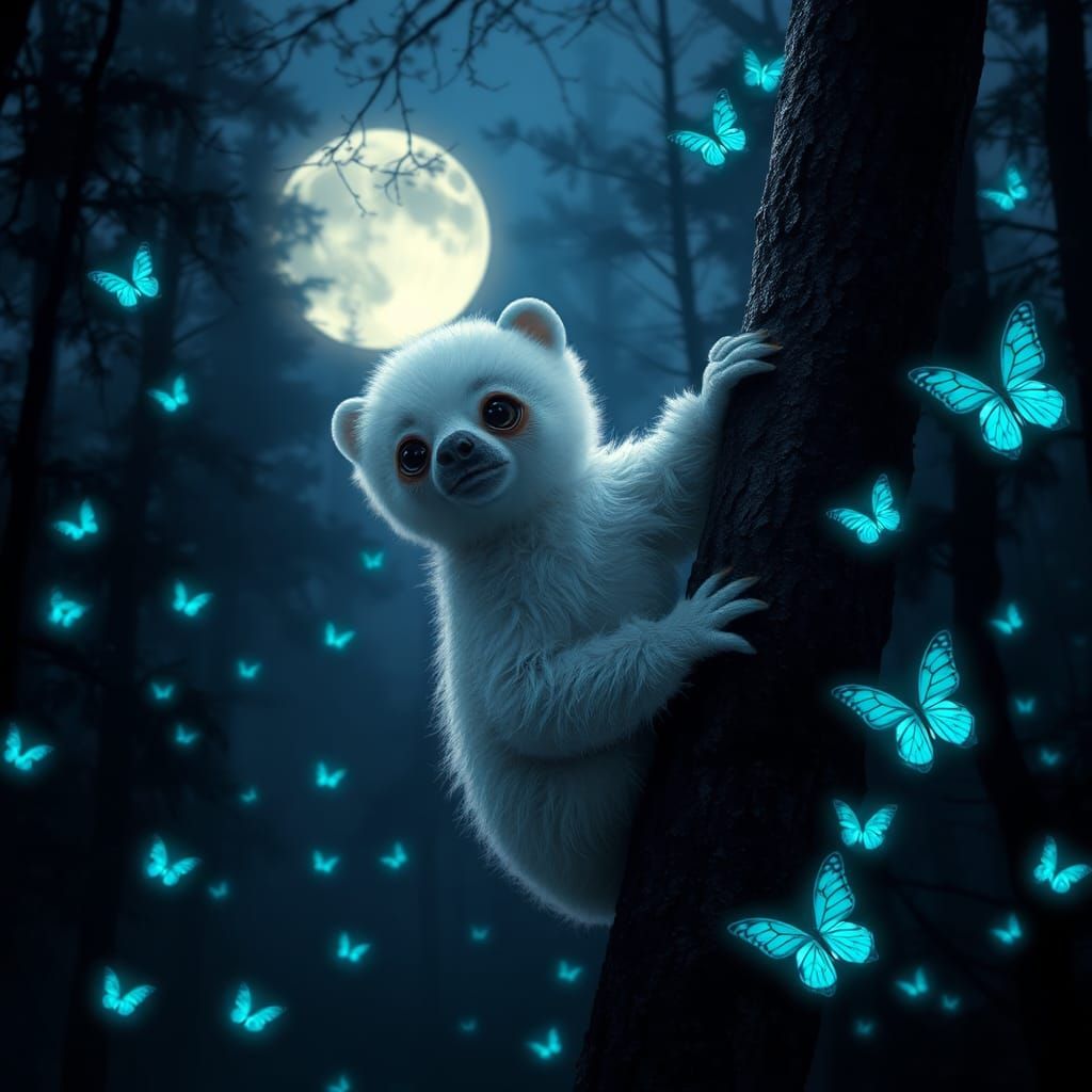 Mystical Baby Sloth Bear in Moonlit Forest