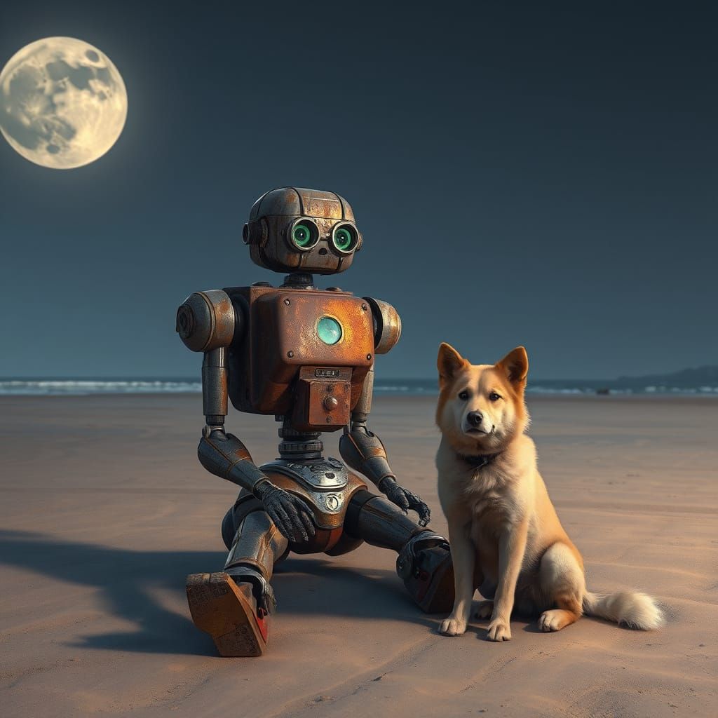 Rusty Robot on a Moonlit Beach with Faithful Companion