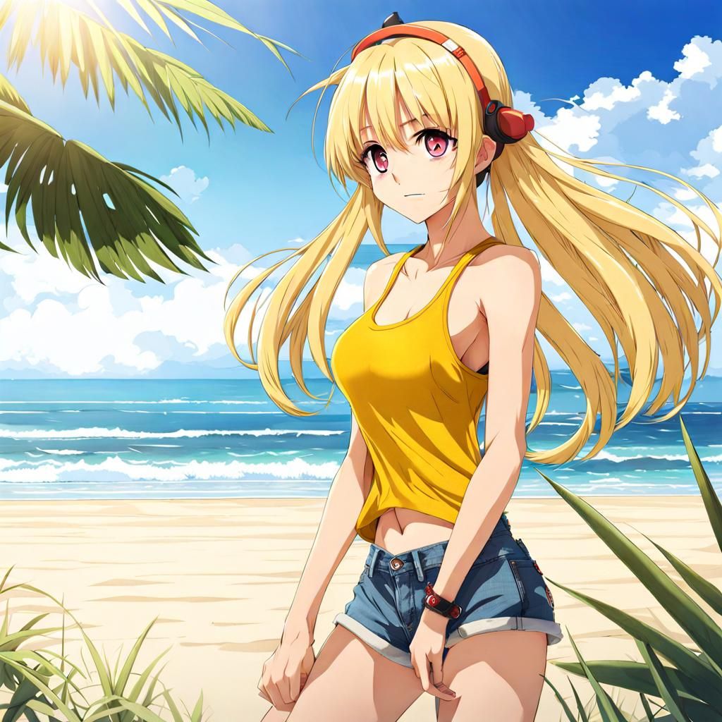 Anime Girl with Blonde Hair at the Beach