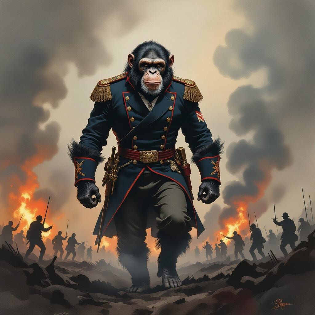 Chimpanzee Commander on Grim Battlefield in Watercolor Style