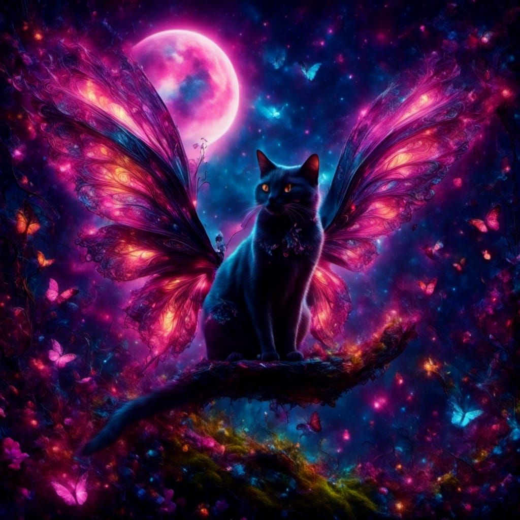 Winged Cat Flying in Magical Garden
