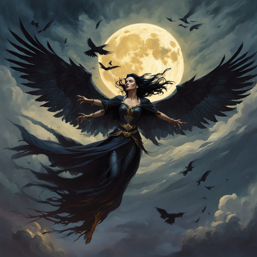 Raven-Winged Woman in Flight as Fantasy Art