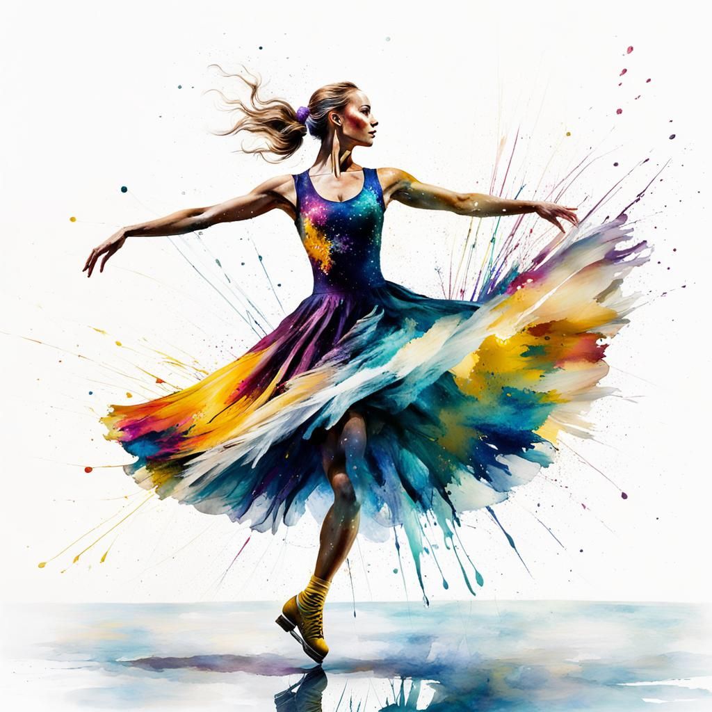 Figure Skater Twirling with Watercolor Splashes