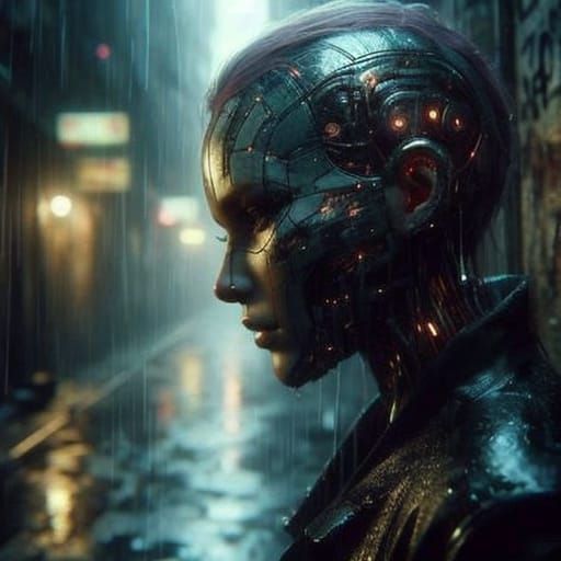 Cybernetic Woman in Gritty Alleyway