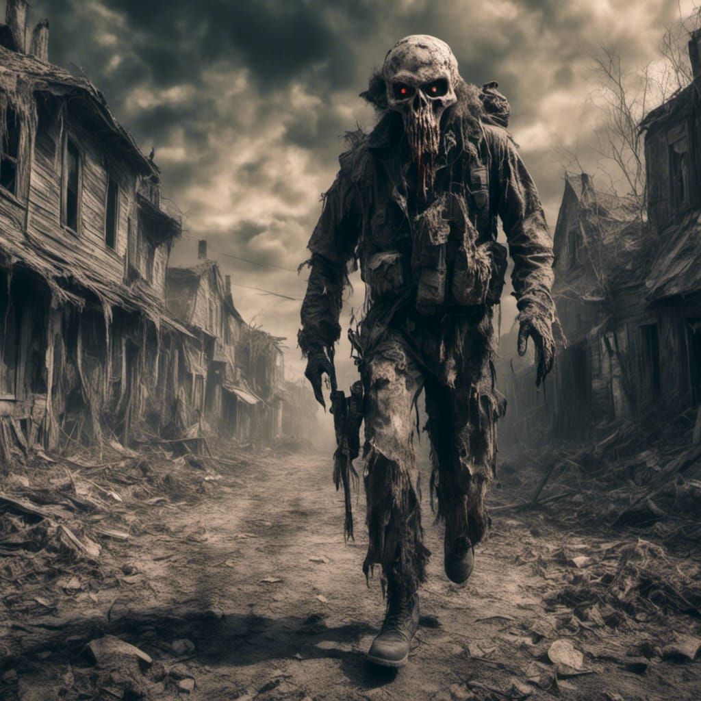 Zombie Soldier in Post-Apocalyptic Townscape