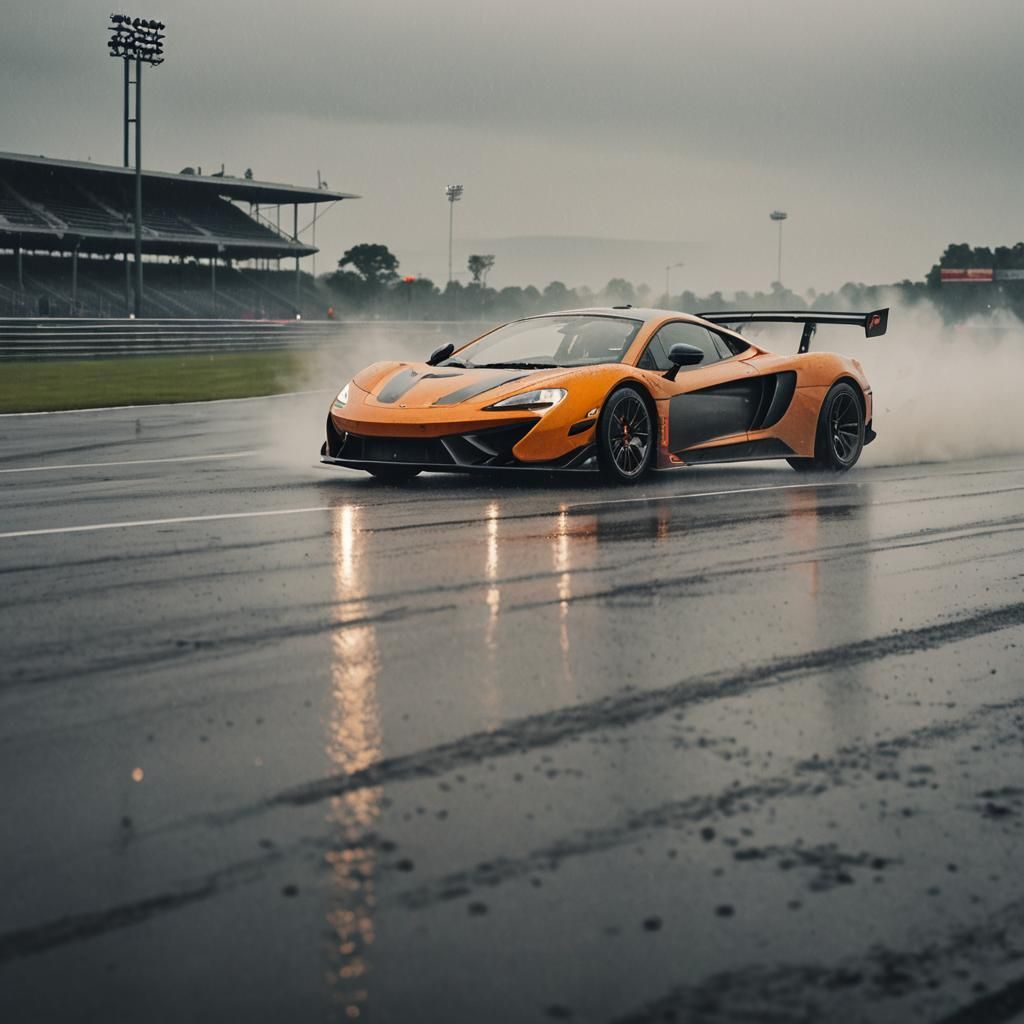Sportscar Drifting on Racetrack in Rainy Weather