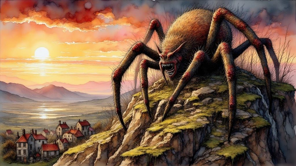 Giant Spider God on Mountain Throne in Fantasy Art Style