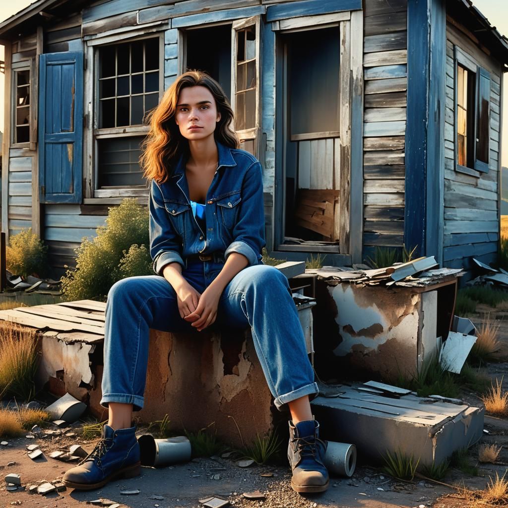 Photorealistic Woman in Denim at Derelict House