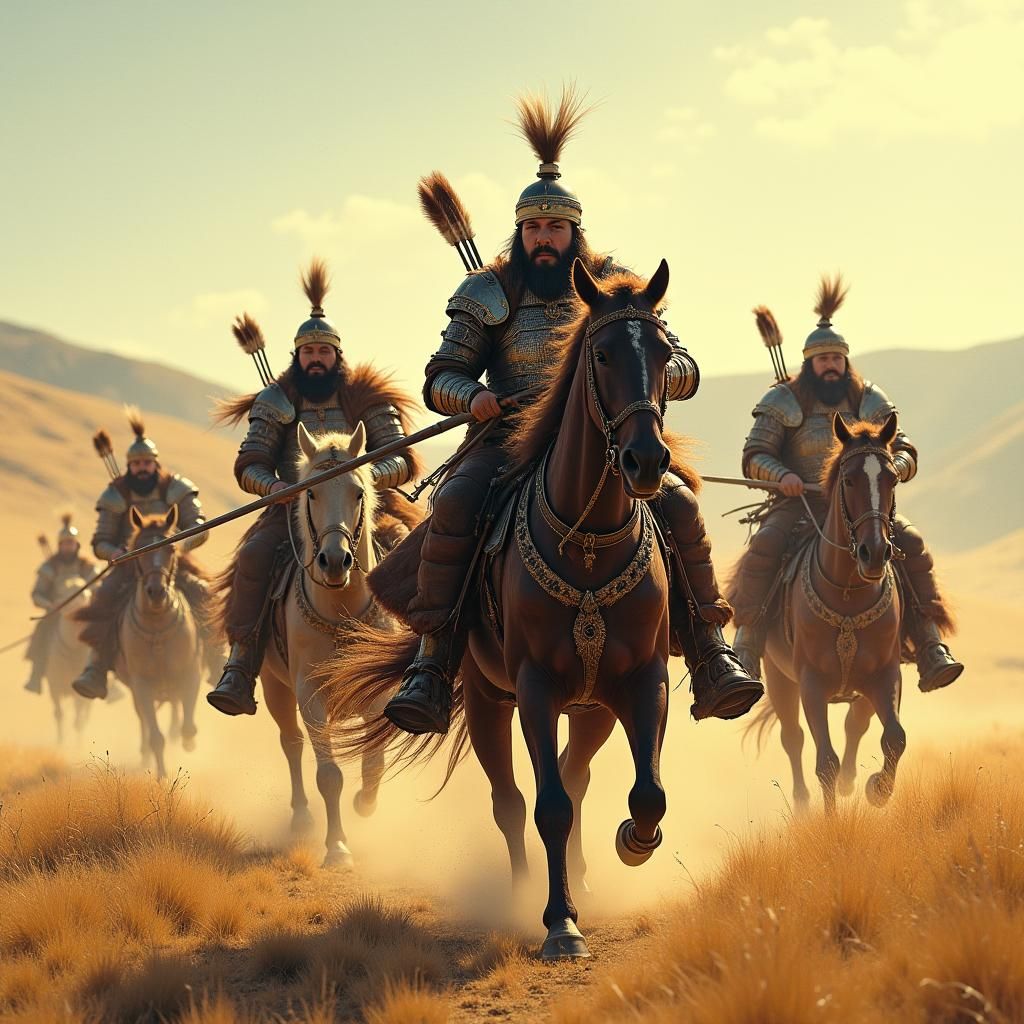 Mongolian Warriors Ride on the Steppe