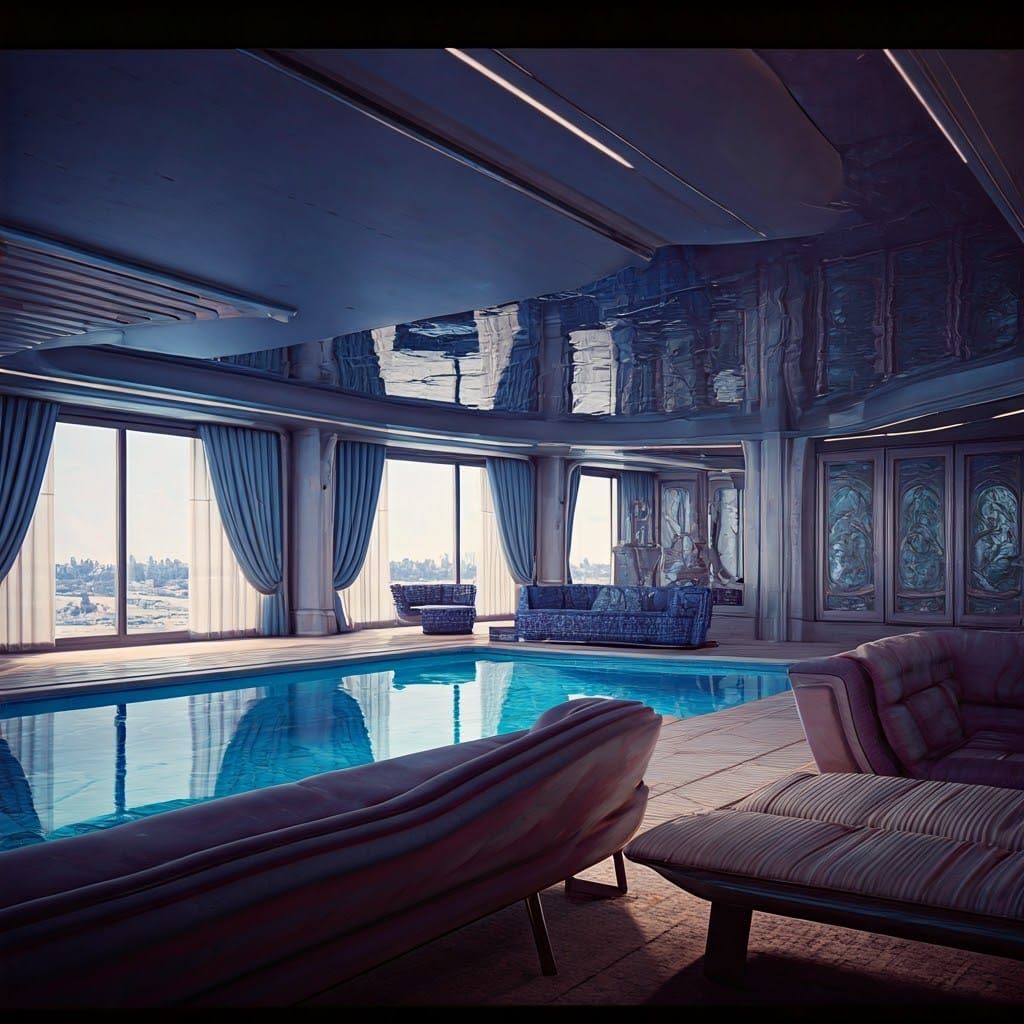 Sleek Space Age Oasis with Futuristic Fountain Waterfall