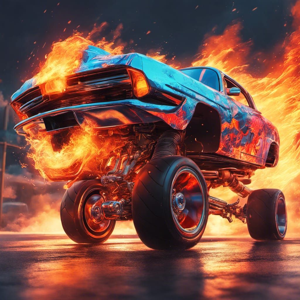 Hyperrealistic Flaming Car at Car Show