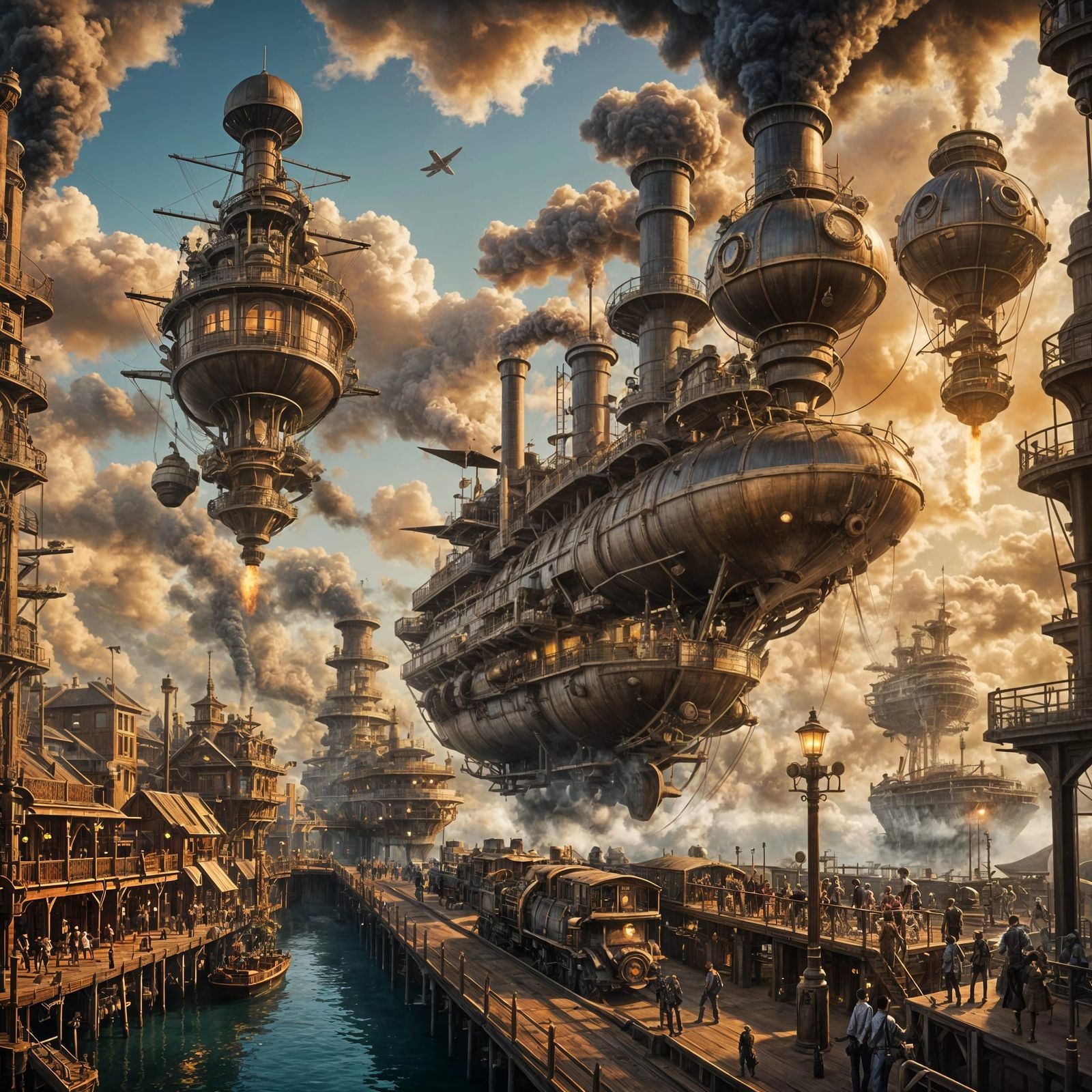Bustling Steampunk Sky Harbor with Airships