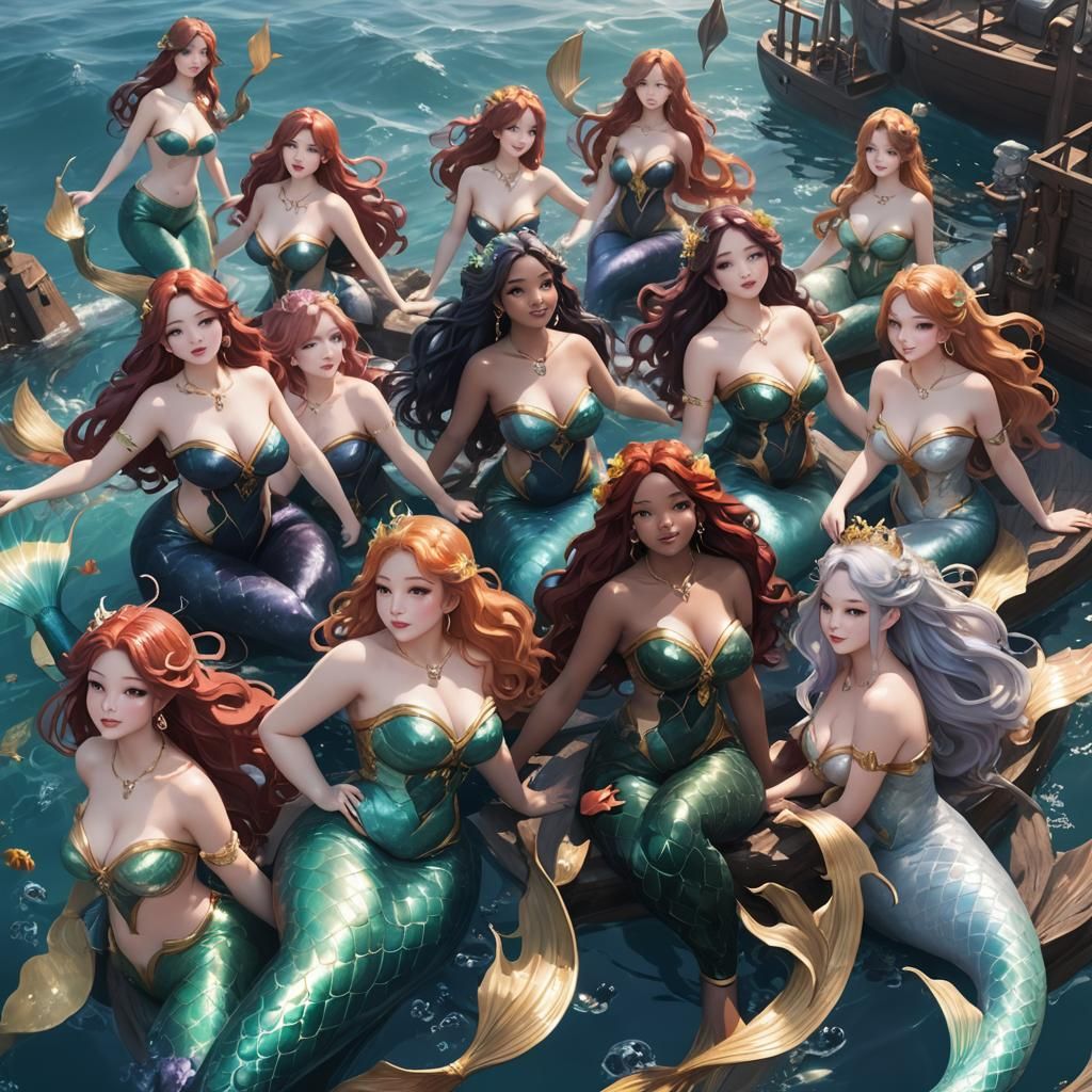 Anime Mermaids Beckoning Sailors in 3D