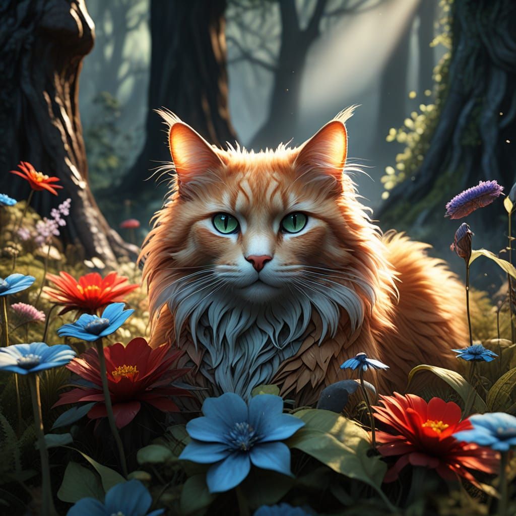Mystical Cats Amidst Vibrant Floral Mandalas in Ethereal Lig...