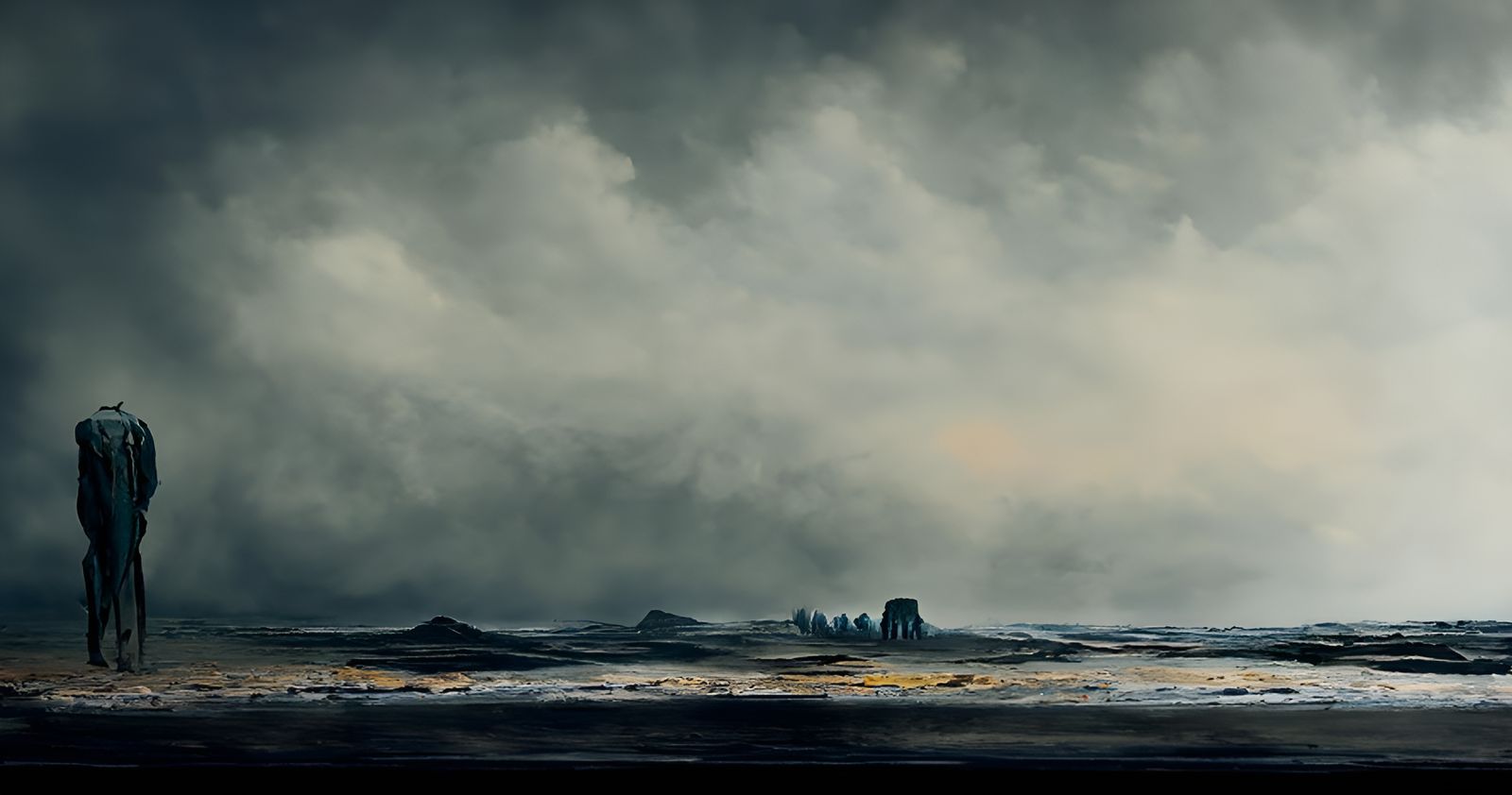 Dystopian Beach Scene in Surrealist Style