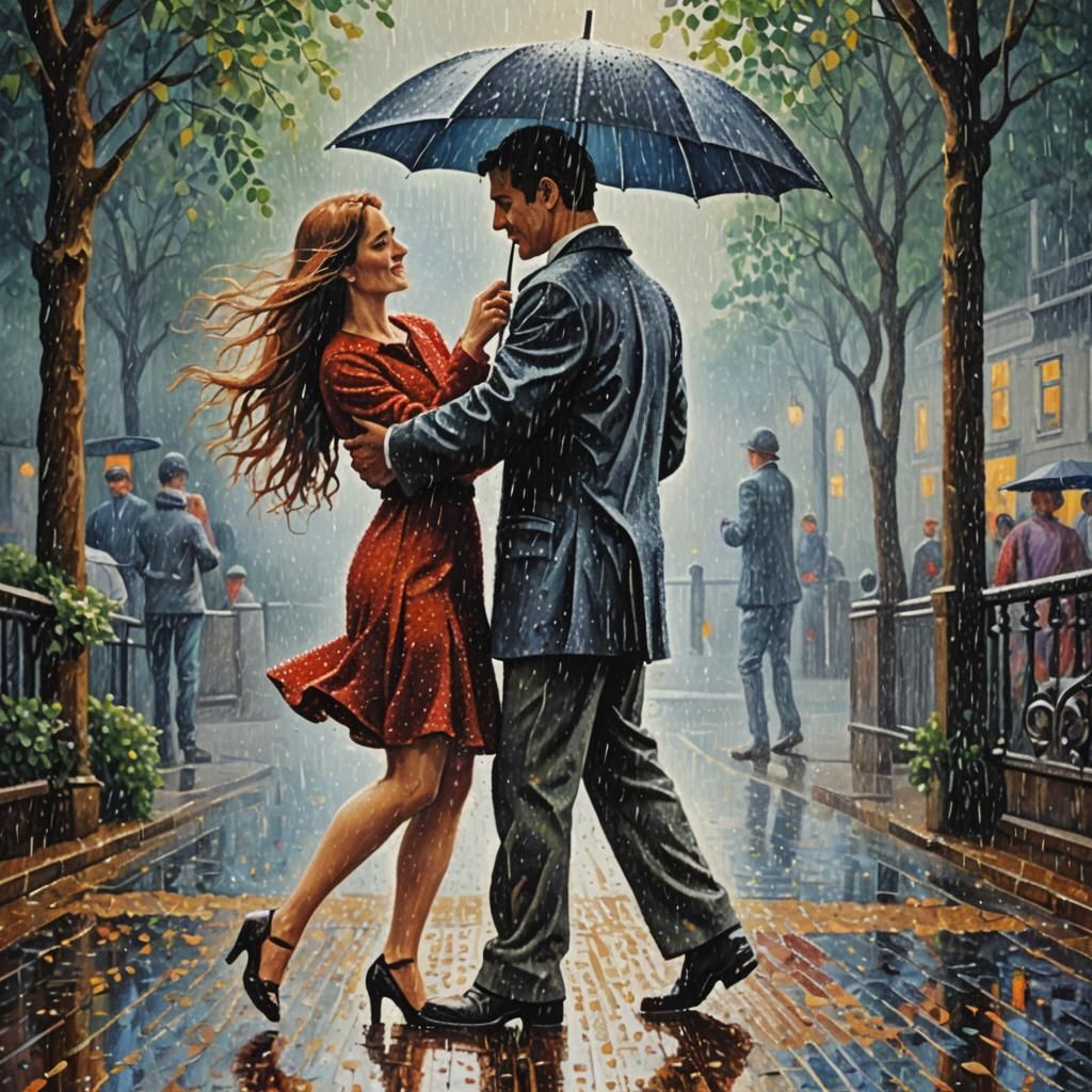 Lovers Dancing in the Rain as Pointillism Art