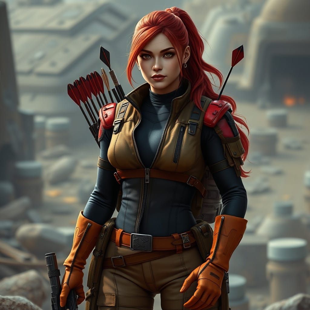 Sultry Military Warrior with Red Hair in Tactical Gear
