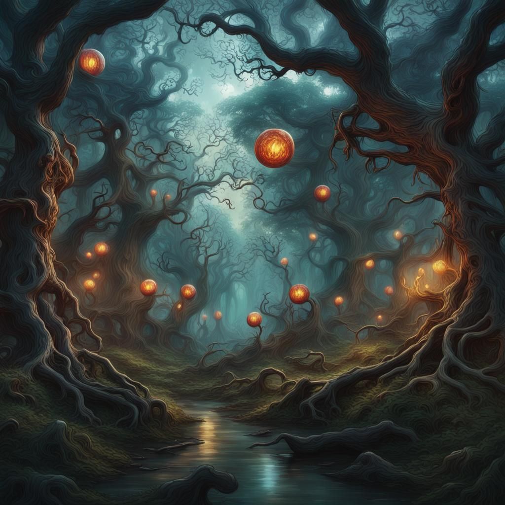 Eerie Haunted Woods with Glowing Orbs: Digital Matte Paintin...