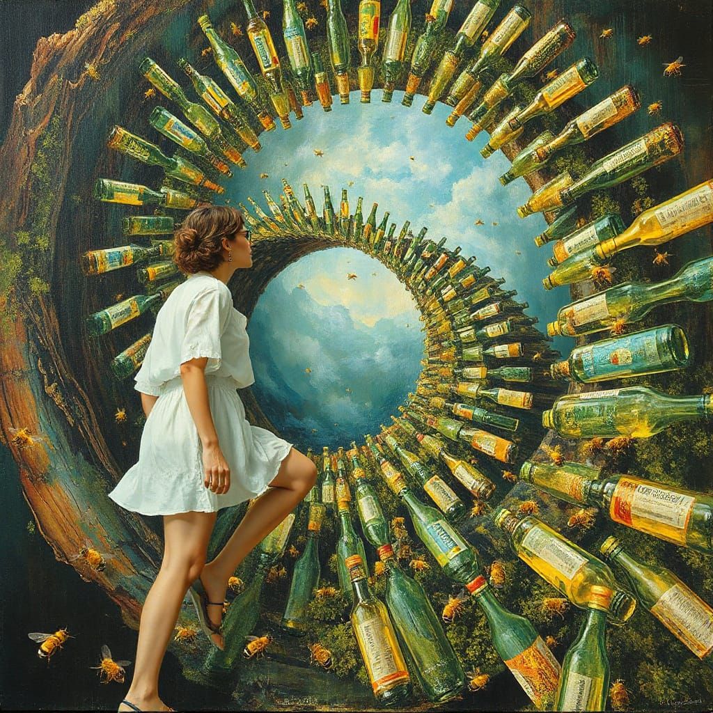 Fashionista Gazing at Infinite Glass Staircase in Neo-Impres...