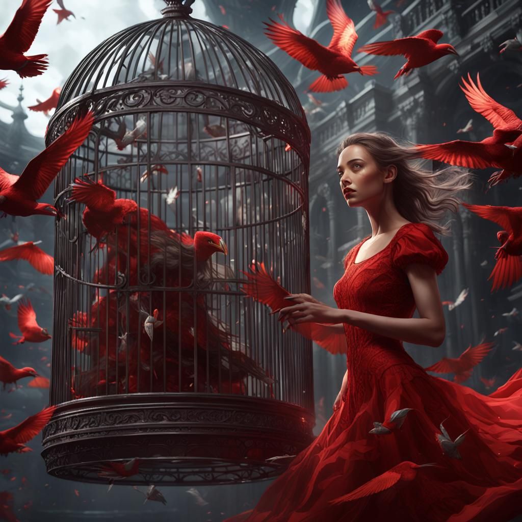 Girl in Bird Cage: Dark Fantasy Art Nouveau
