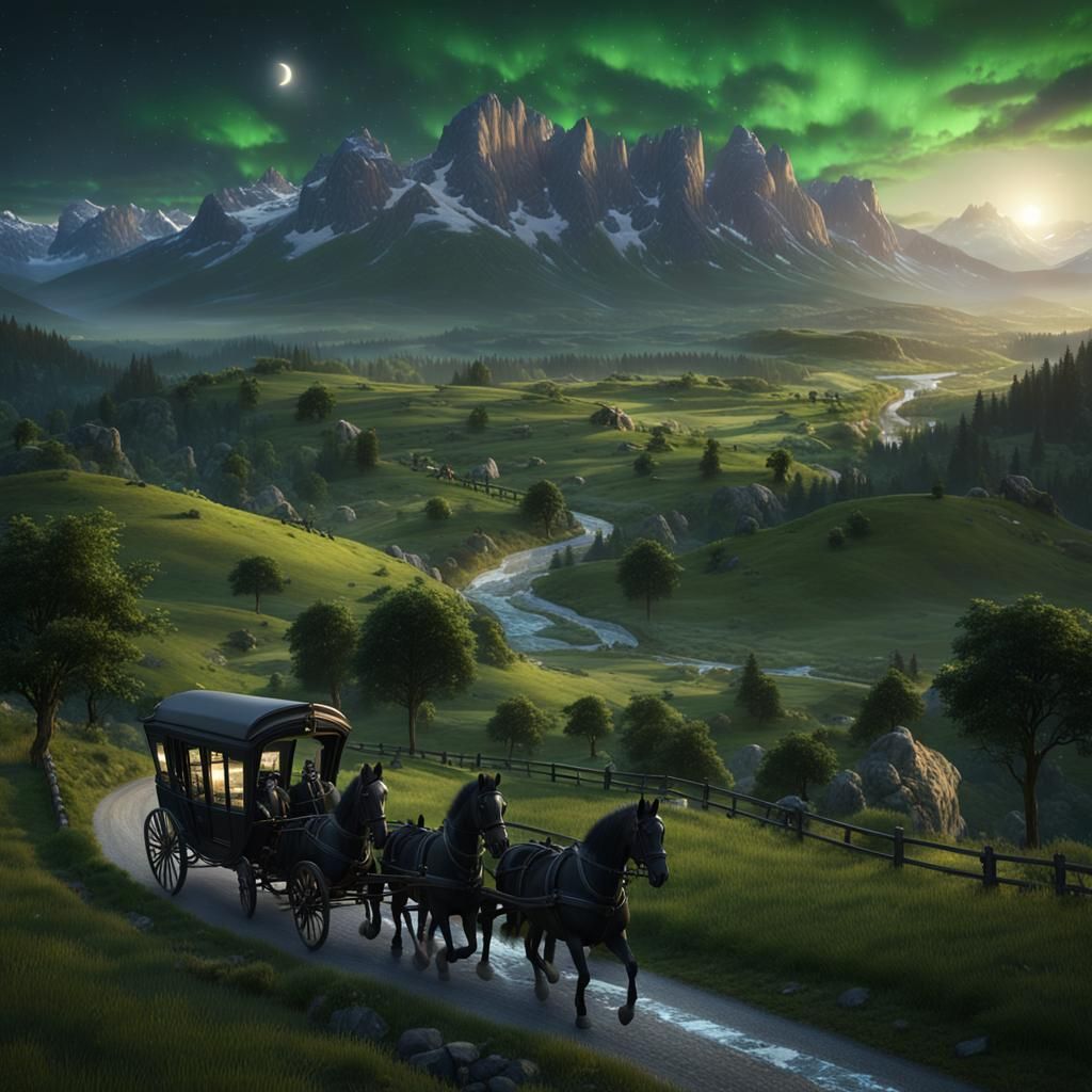 Majestic Carriage Journey Through Mountain Landscape