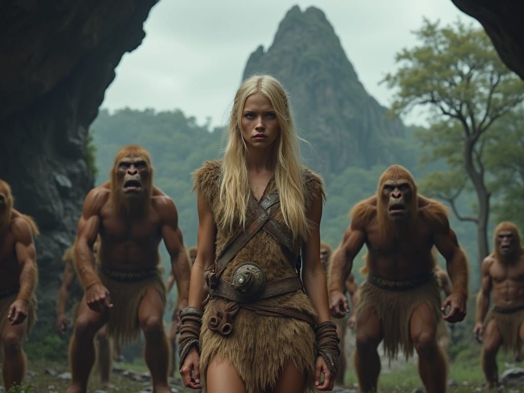 Blonde Cavewoman Defends Against Neanderthals