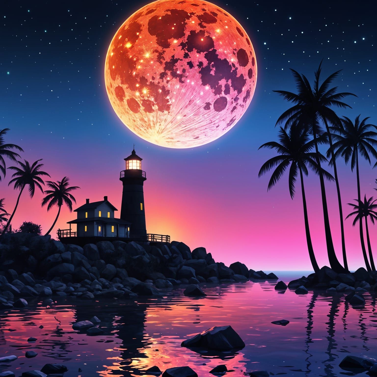 Ukiyo-e Lighthouse Silhouette at Vivid Sunset