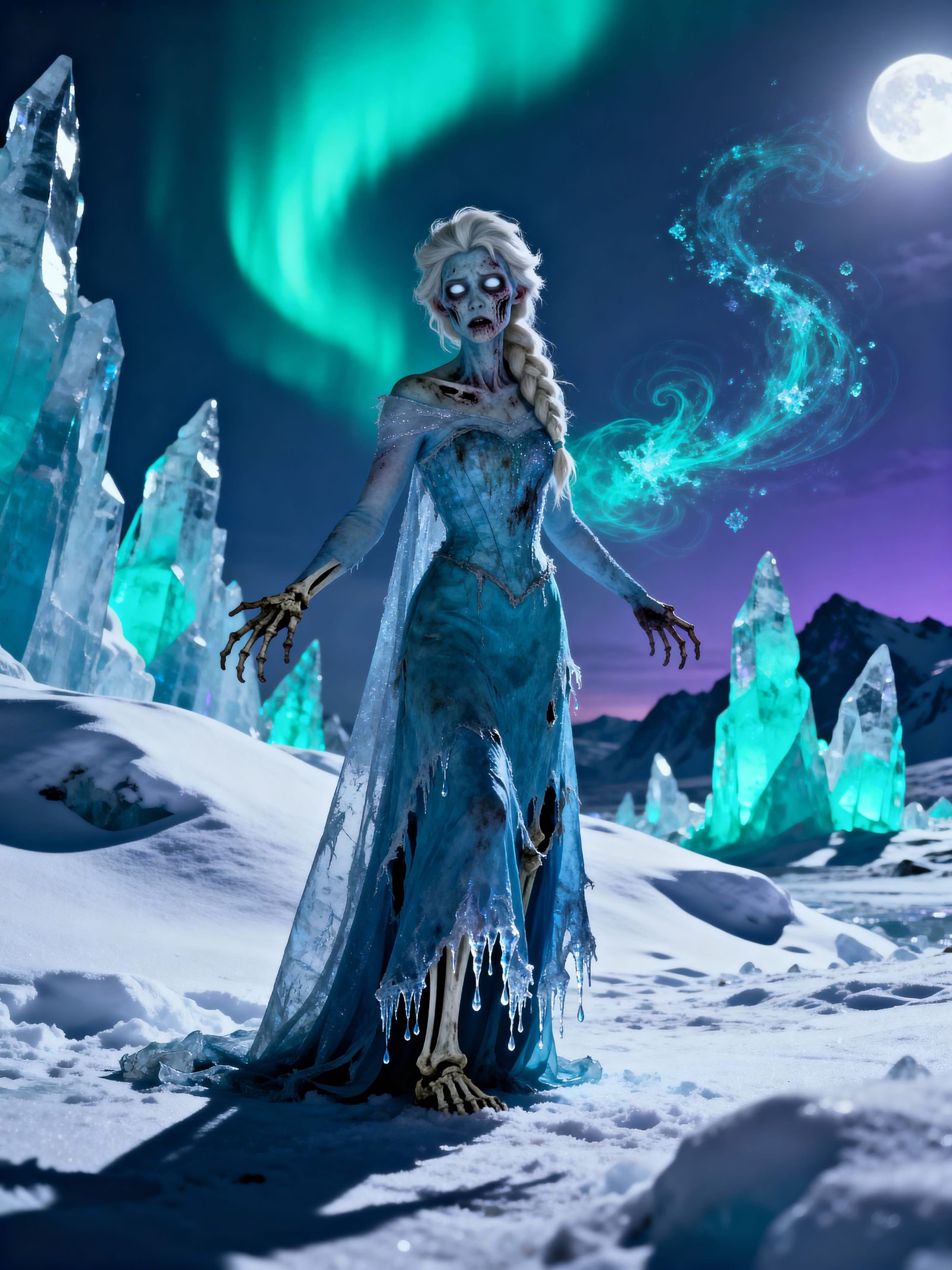 Zombie Princess in Arctic Tundra Under Aurora