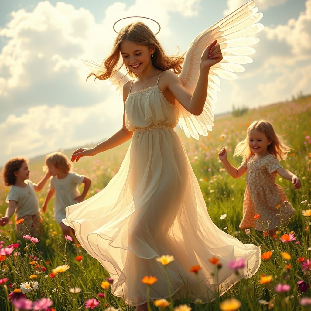 Angel Dances with Children in Vibrant Wildflower Fields