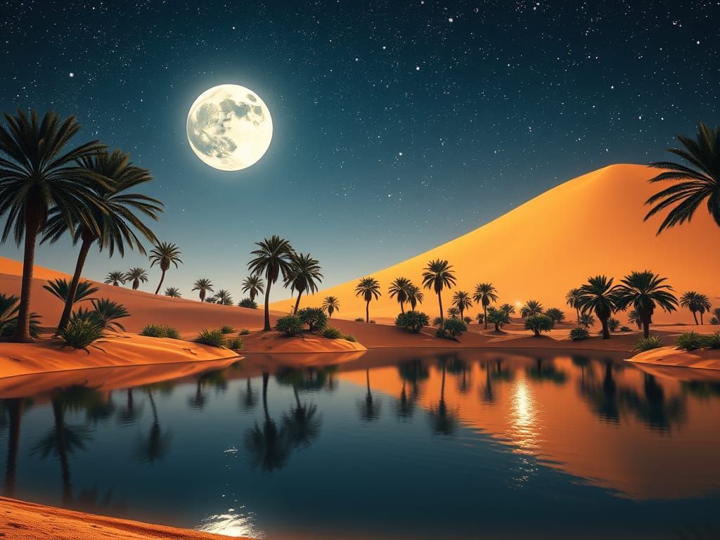 Serene Desert Oasis at Night: 3D Cinematic Rendering