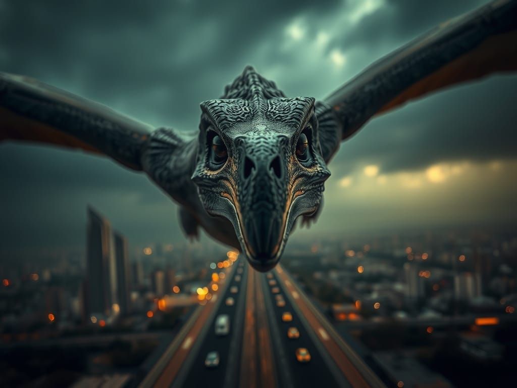 Photorealistic Pteranodon Soaring Over Metropolis