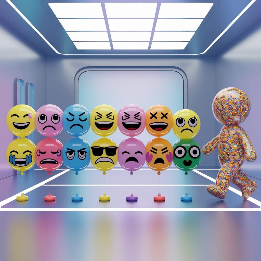 Emoji Balloons in Futuristic Room